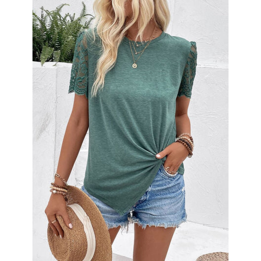 Lace Detail Short Sleeve Round Neck T-Shirt Teal / S Clothing