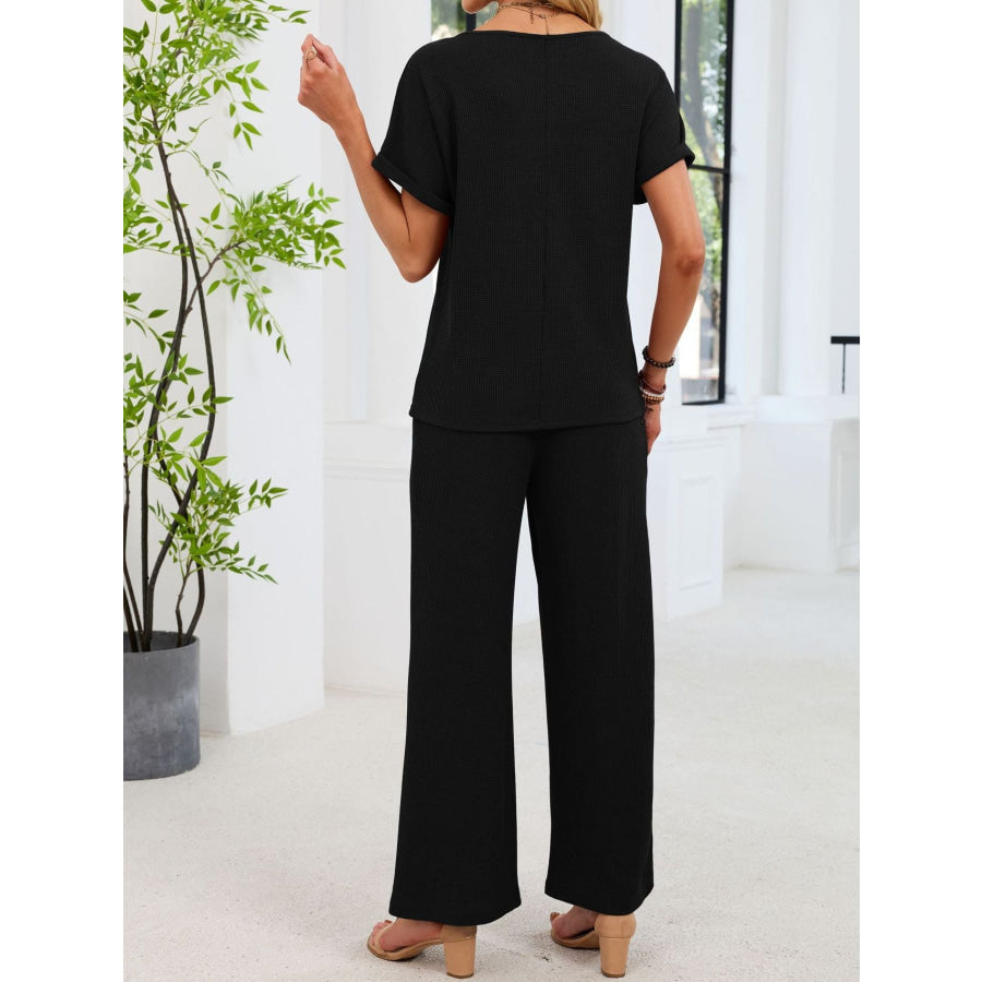 Lace Detail Short Sleeve Top and Pants Set Apparel and Accessories