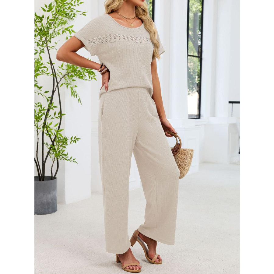 Lace Detail Short Sleeve Top and Pants Set Apparel and Accessories