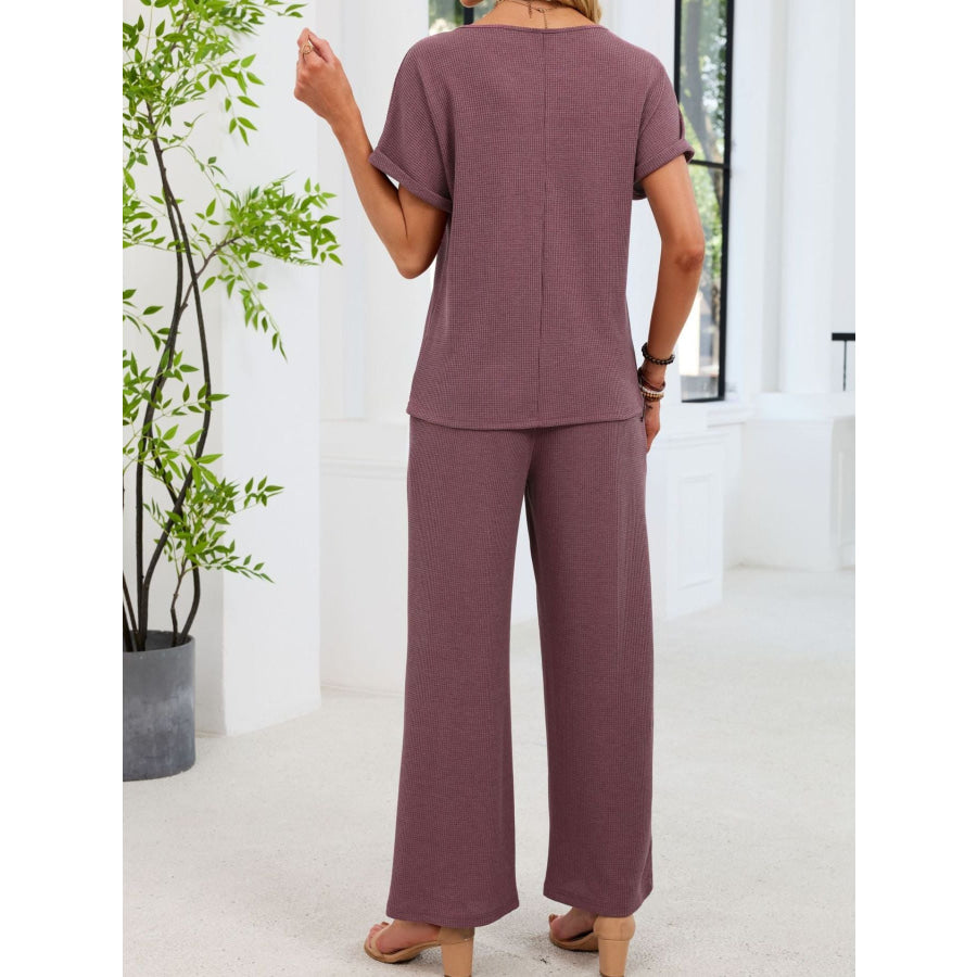 Lace Detail Short Sleeve Top and Pants Set Apparel and Accessories