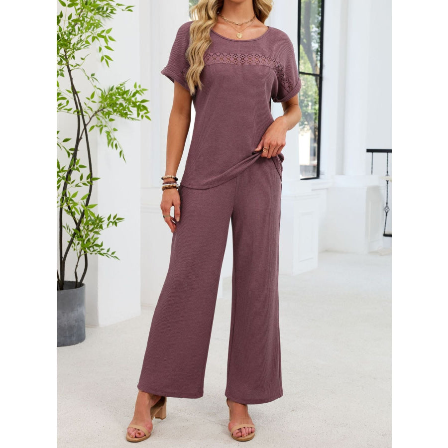 Lace Detail Short Sleeve Top and Pants Set Apparel and Accessories