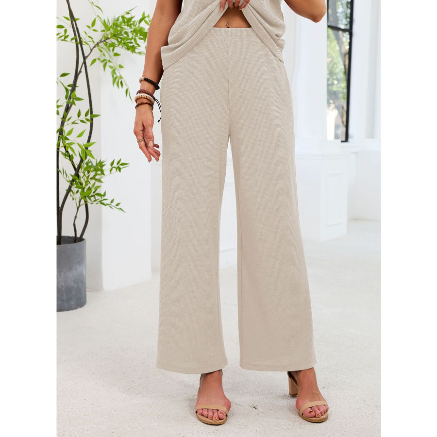 Lace Detail Short Sleeve Top and Pants Set Apparel and Accessories