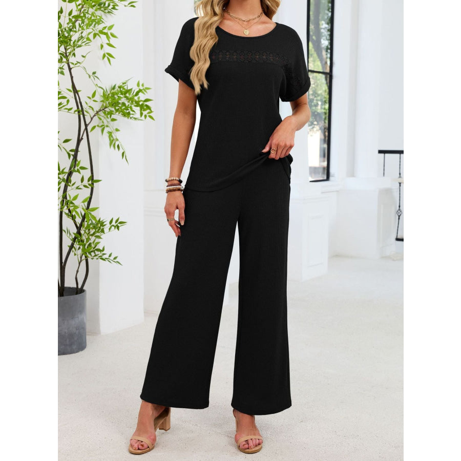 Lace Detail Short Sleeve Top and Pants Set Apparel and Accessories