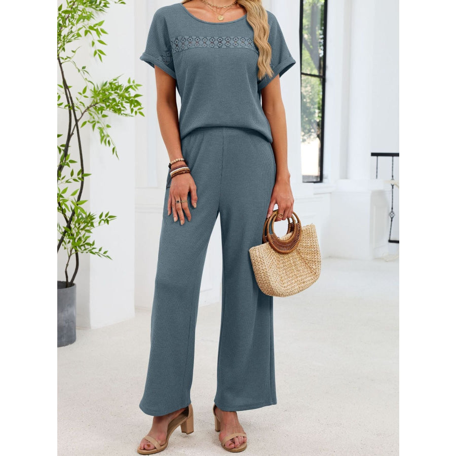 Lace Detail Short Sleeve Top and Pants Set Apparel and Accessories