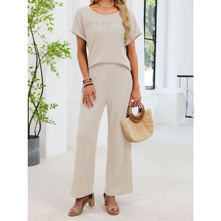 Lace Detail Short Sleeve Top and Pants Set Apparel and Accessories