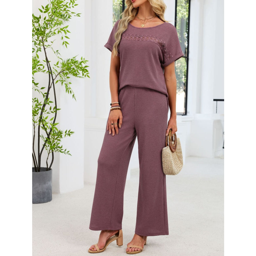 Lace Detail Short Sleeve Top and Pants Set Apparel and Accessories