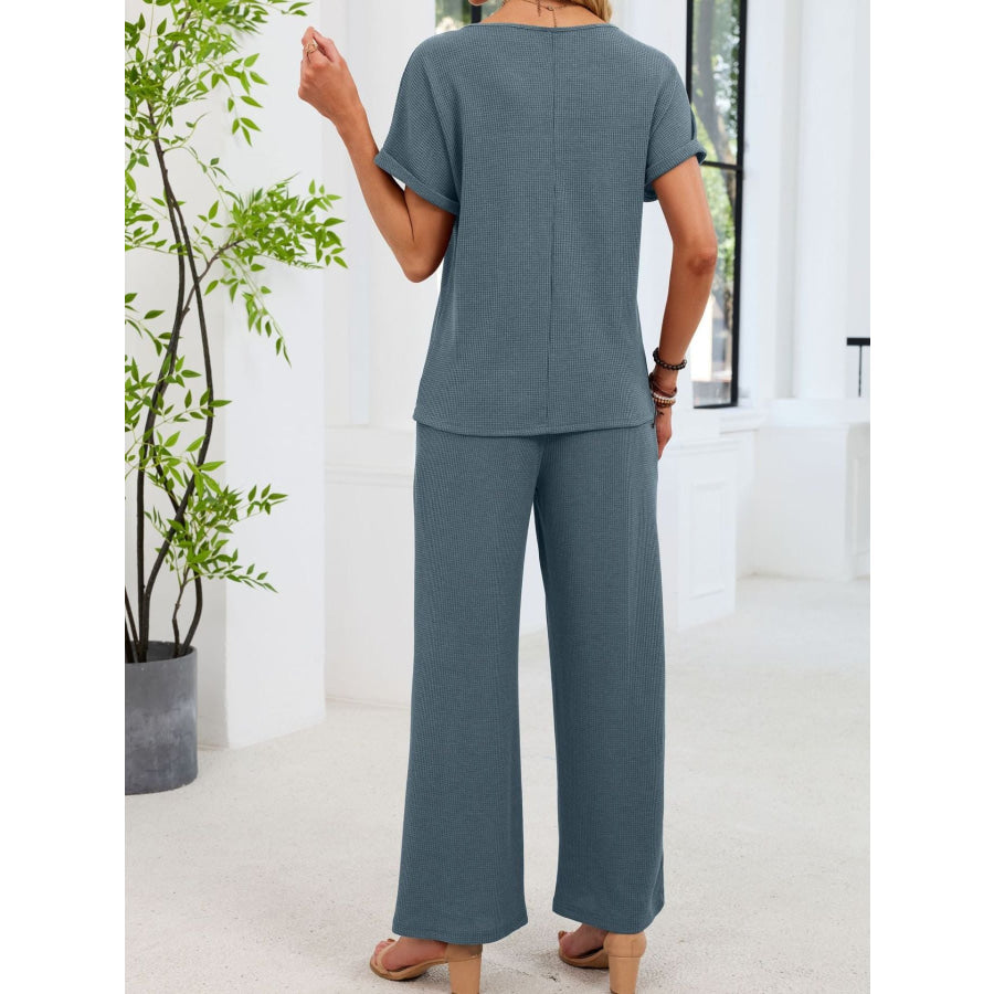 Lace Detail Short Sleeve Top and Pants Set Apparel and Accessories