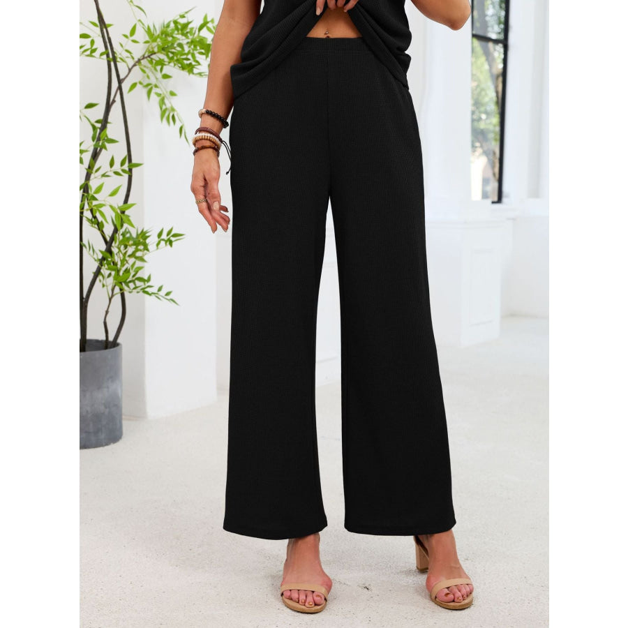Lace Detail Short Sleeve Top and Pants Set Apparel and Accessories