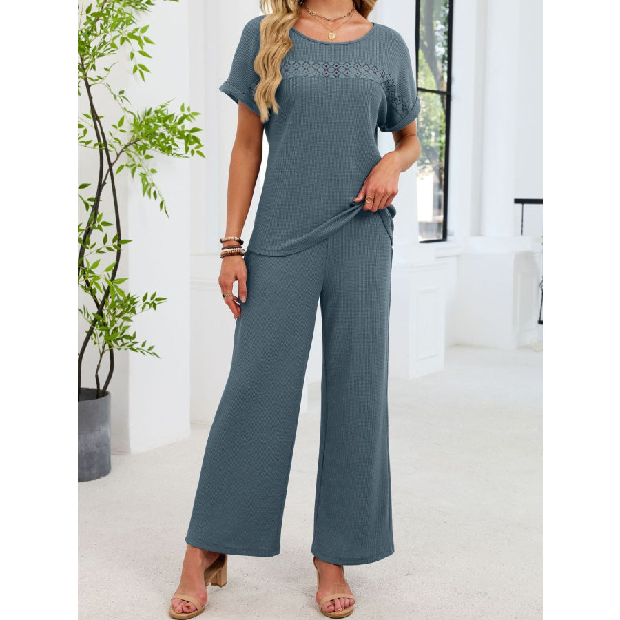 Lace Detail Short Sleeve Top and Pants Set Apparel and Accessories