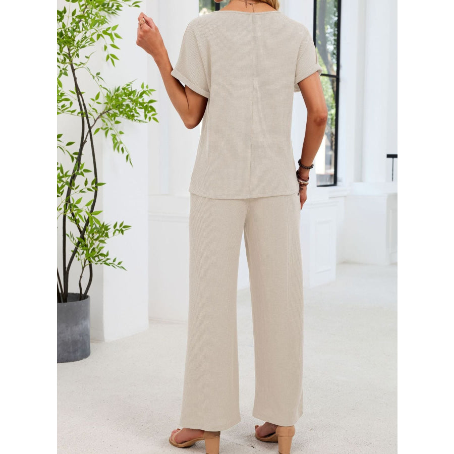 Lace Detail Short Sleeve Top and Pants Set Apparel and Accessories