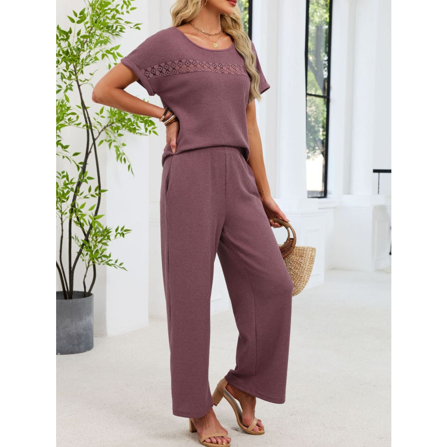 Lace Detail Short Sleeve Top and Pants Set Apparel and Accessories