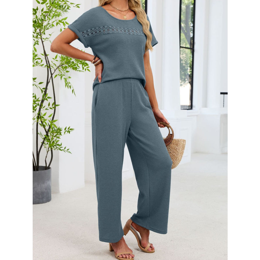 Lace Detail Short Sleeve Top and Pants Set Apparel and Accessories
