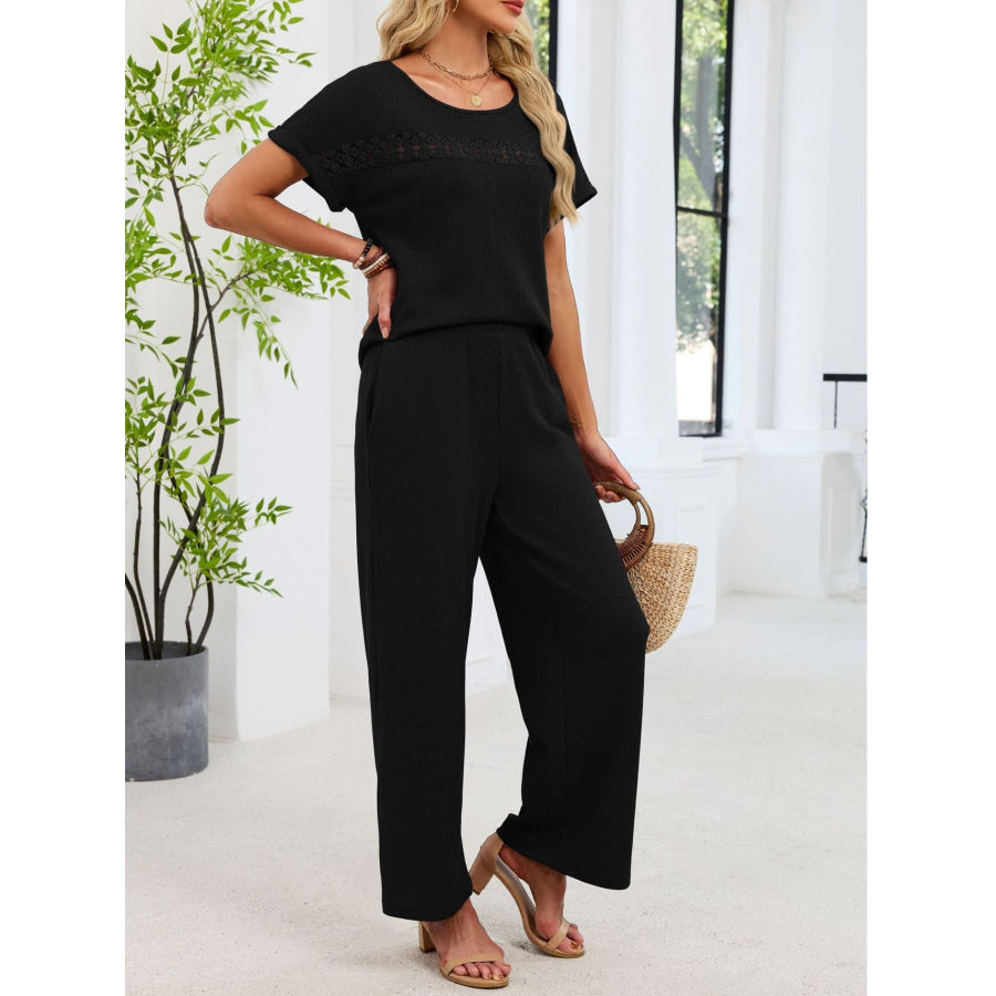 Lace Detail Short Sleeve Top and Pants Set Black / S Apparel and Accessories