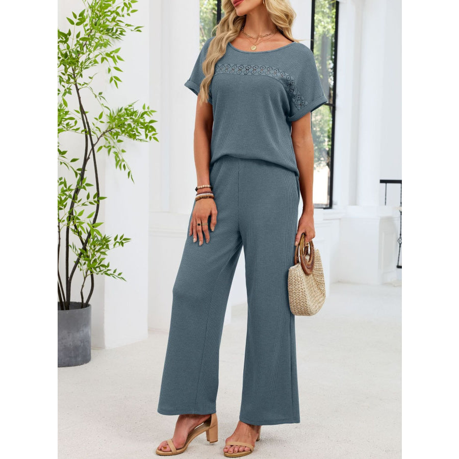 Lace Detail Short Sleeve Top and Pants Set French Blue / S Apparel and Accessories