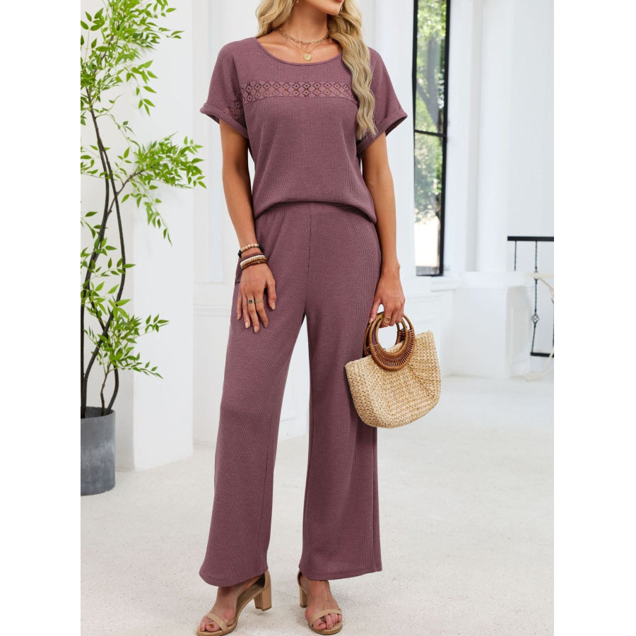 Lace Detail Short Sleeve Top and Pants Set Plum Purple / S Apparel and Accessories