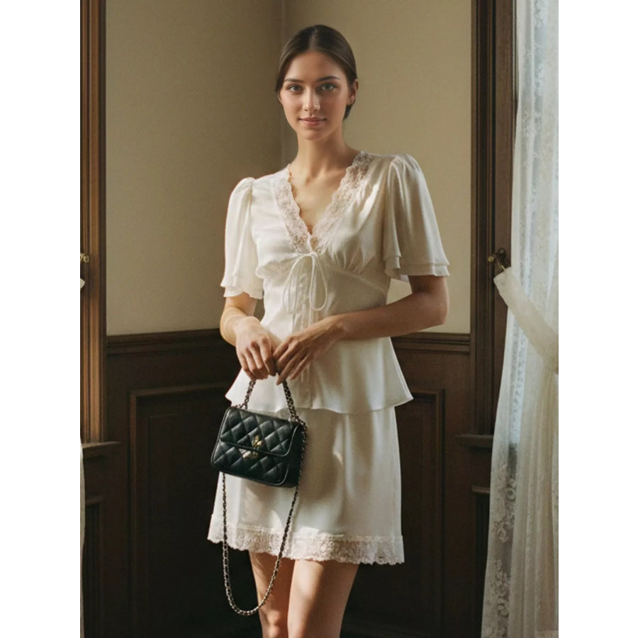 Lace Detail Short Sleeve Top and Skirt Set Apparel and Accessories
