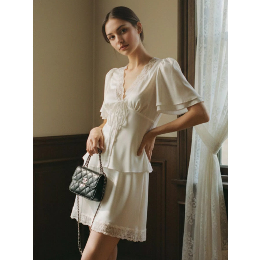 Lace Detail Short Sleeve Top and Skirt Set Apparel and Accessories