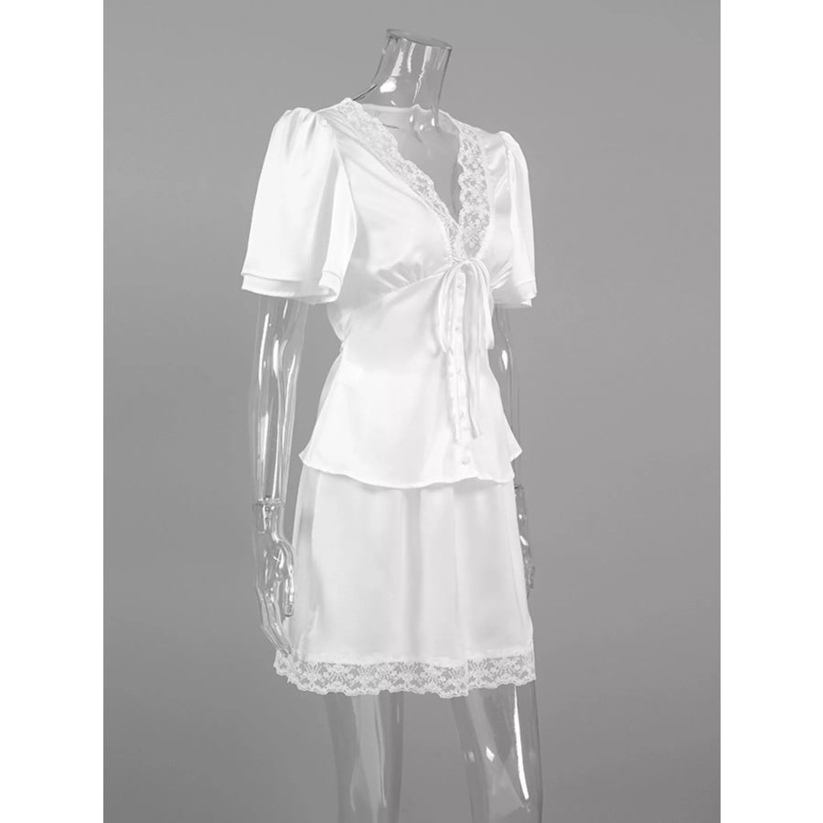 Lace Detail Short Sleeve Top and Skirt Set Apparel and Accessories