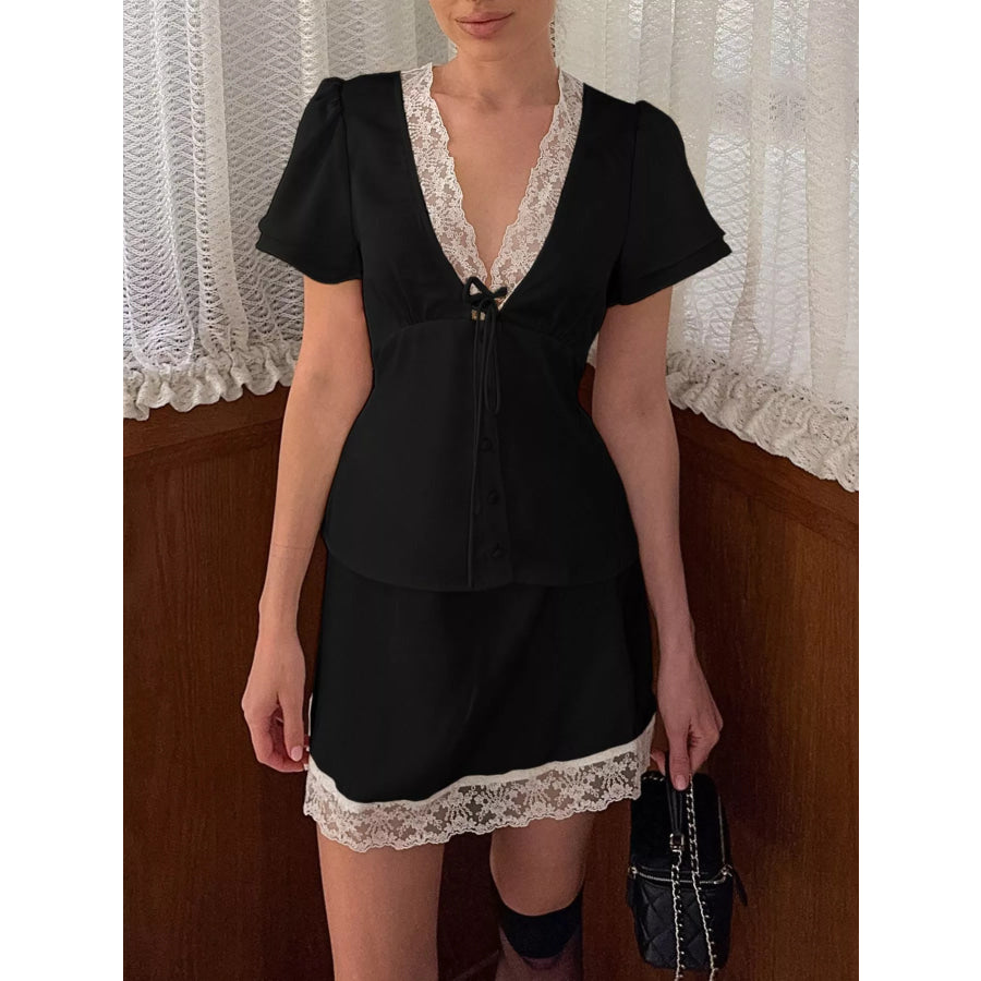 Lace Detail Short Sleeve Top and Skirt Set Black / S Apparel and Accessories