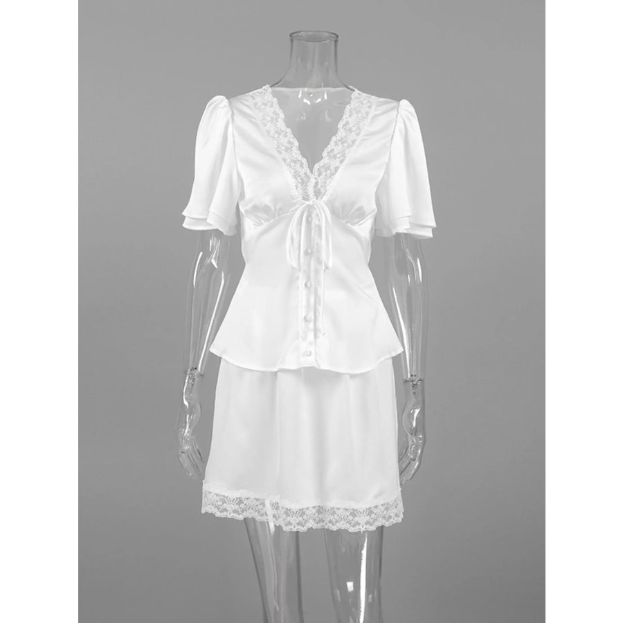 Lace Detail Short Sleeve Top and Skirt Set White / S Apparel and Accessories