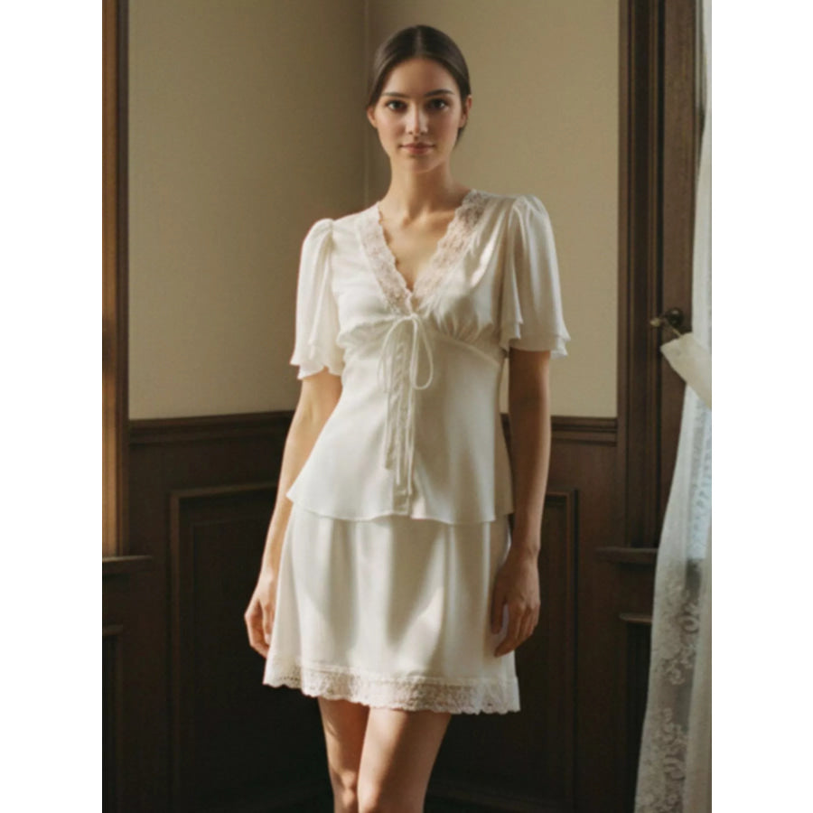 Lace Detail Short Sleeve Top and Skirt Set Yellow / S Apparel and Accessories
