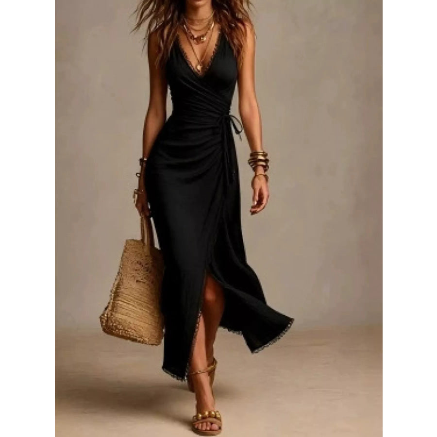 Lace Detail Sleeveless Wrap Dress Black / S Apparel and Accessories