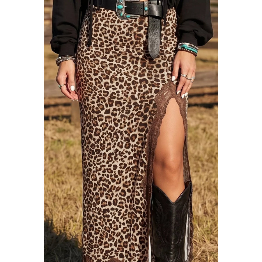 Lace Detail Slit Leopard Print Skirt Apparel and Accessories