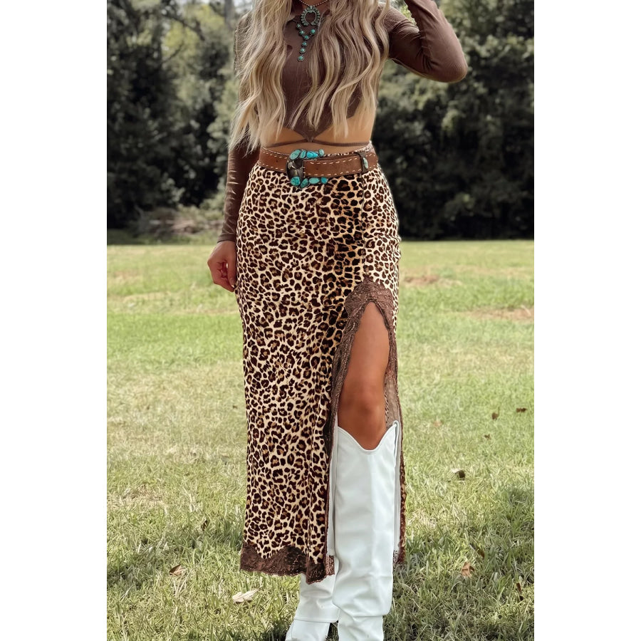 Lace Detail Slit Leopard Print Skirt Apparel and Accessories