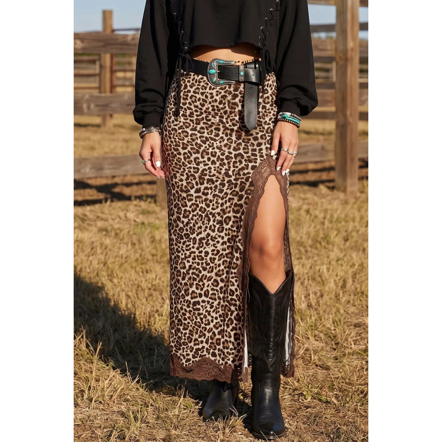 Lace Detail Slit Leopard Print Skirt Leopard / S Apparel and Accessories