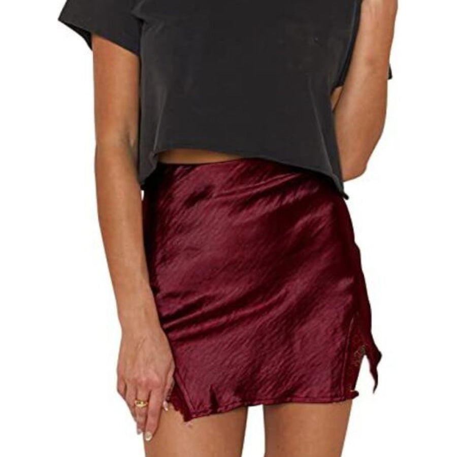 Lace Detail Slit Mini Skirt Wine / XS Clothing