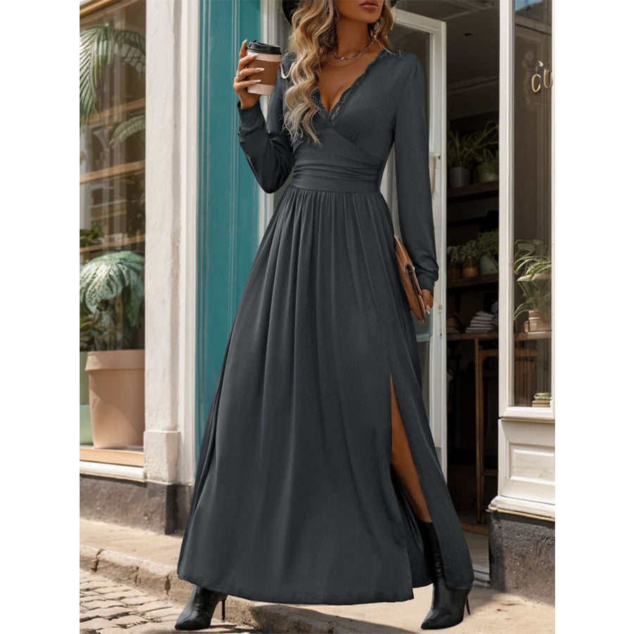 Lace Detail Slit V-Neck Long Sleeve Dress Dark Gray / S Apparel and Accessories