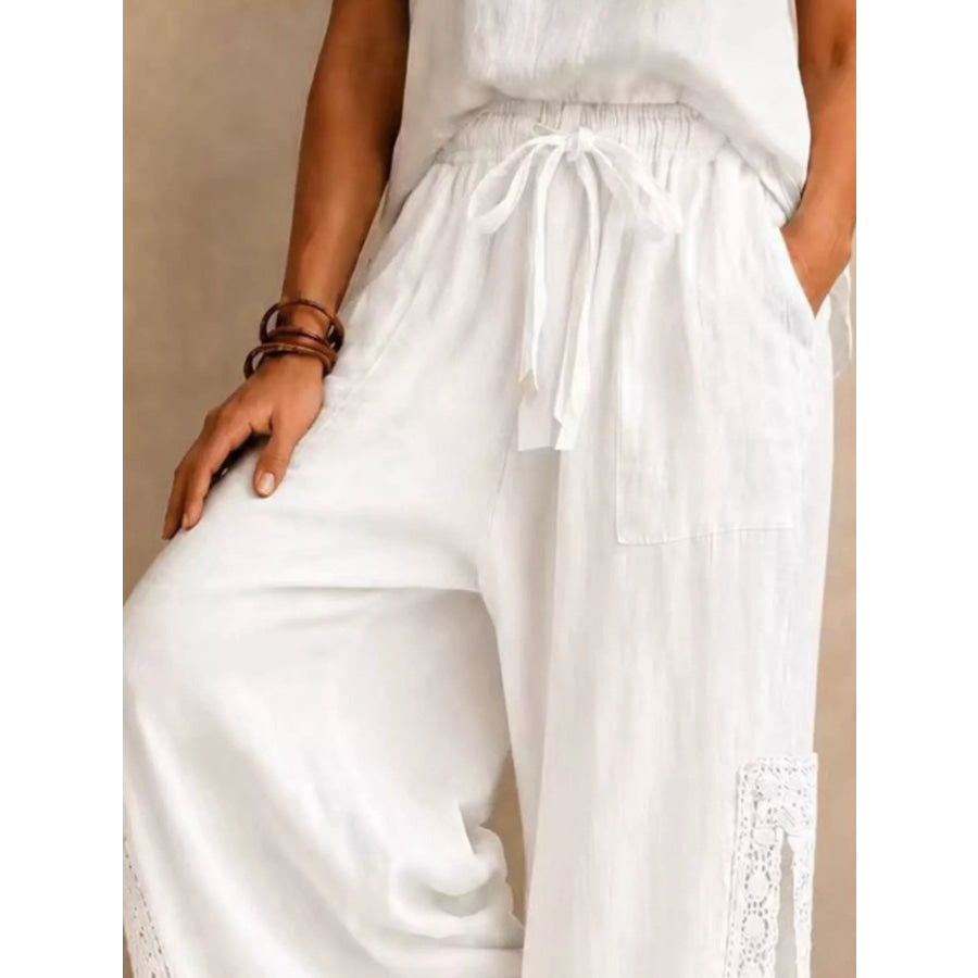 Lace Detail Slit Wide Leg Pants Apparel and Accessories