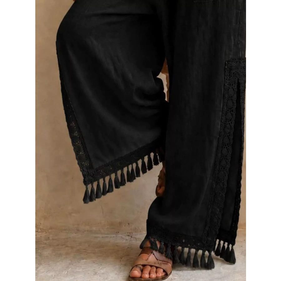 Lace Detail Slit Wide Leg Pants Apparel and Accessories