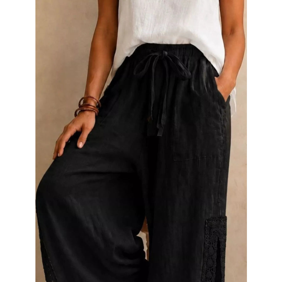 Lace Detail Slit Wide Leg Pants Apparel and Accessories