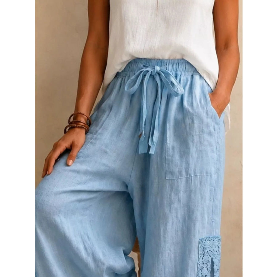 Lace Detail Slit Wide Leg Pants Apparel and Accessories