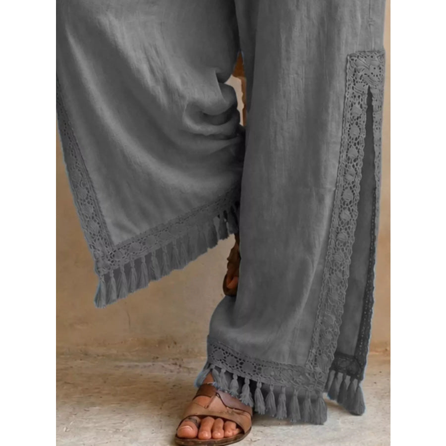 Lace Detail Slit Wide Leg Pants Apparel and Accessories