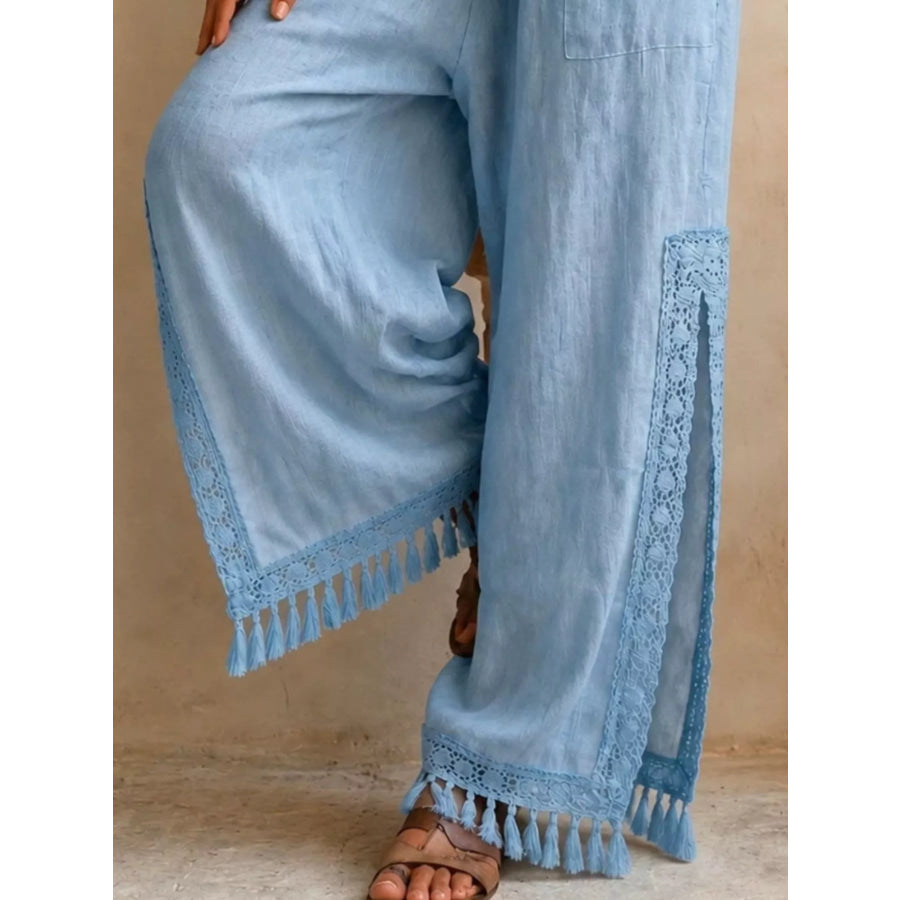 Lace Detail Slit Wide Leg Pants Apparel and Accessories