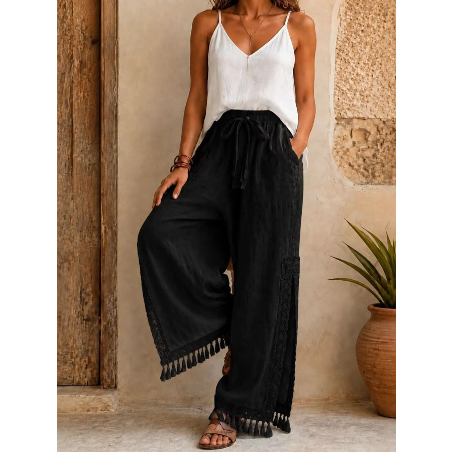 Lace Detail Slit Wide Leg Pants Black / S Apparel and Accessories