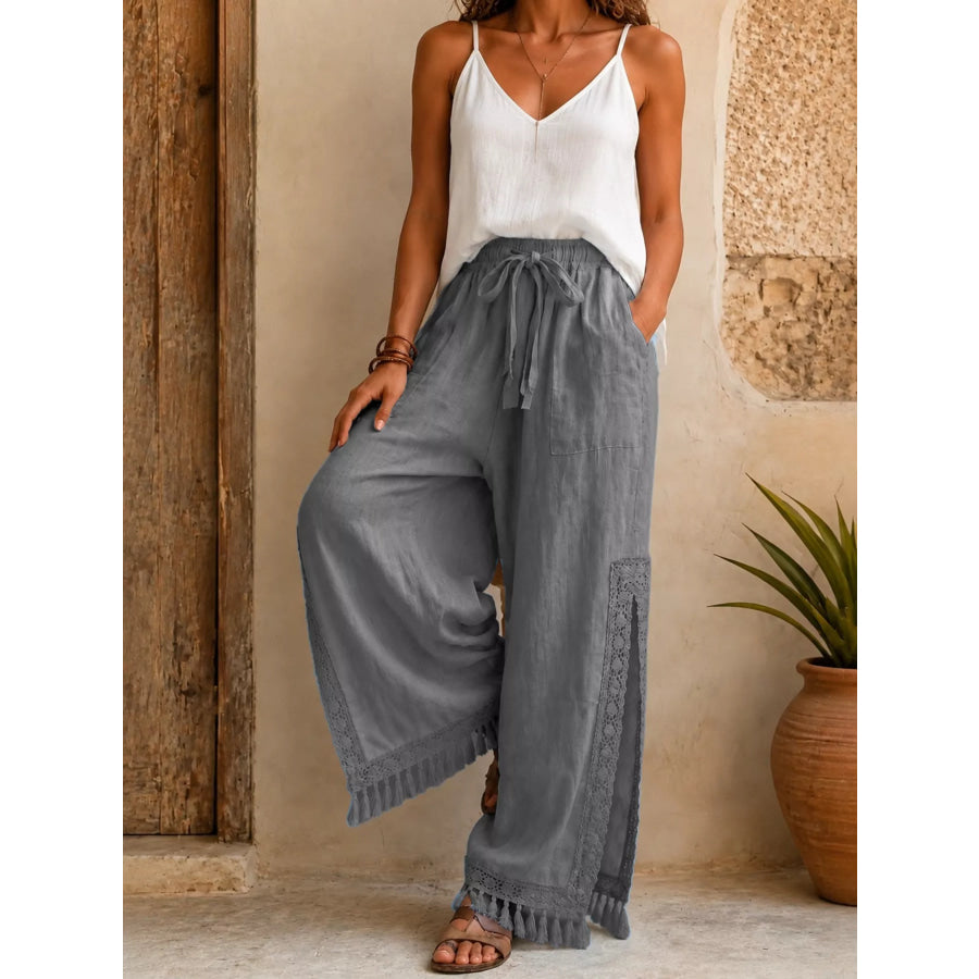 Lace Detail Slit Wide Leg Pants Gray / S Apparel and Accessories