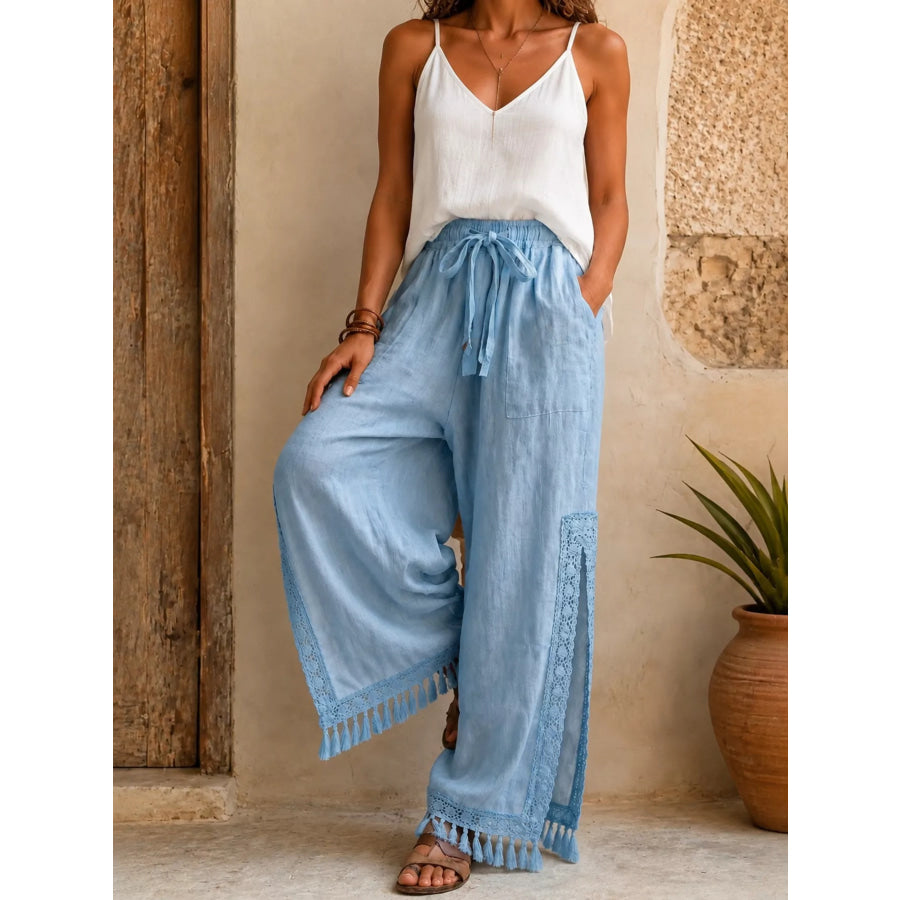 Lace Detail Slit Wide Leg Pants Light Blue / S Apparel and Accessories