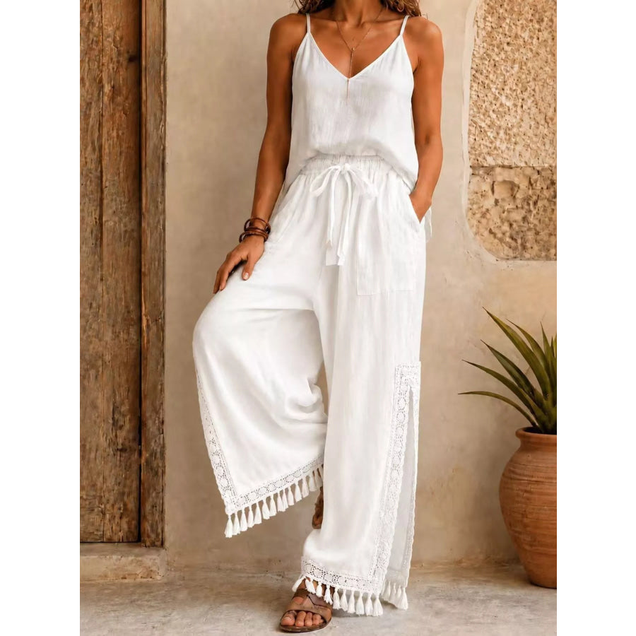 Lace Detail Slit Wide Leg Pants White / S Apparel and Accessories