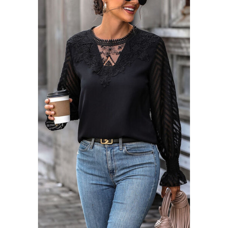 Lace Detail Smocked Flounce Sleeve Blouse Apparel and Accessories