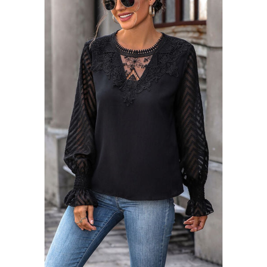 Lace Detail Smocked Flounce Sleeve Blouse Apparel and Accessories