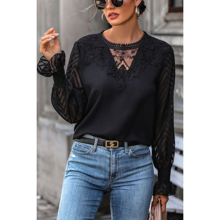 Lace Detail Smocked Flounce Sleeve Blouse Black / S Apparel and Accessories