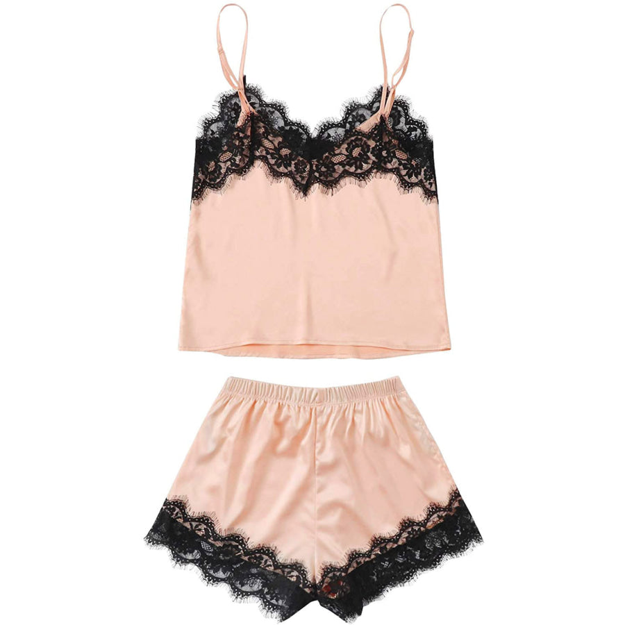 Lace Detail Spaghetti Strap Top and Shorts Lounge Set Apparel Accessories