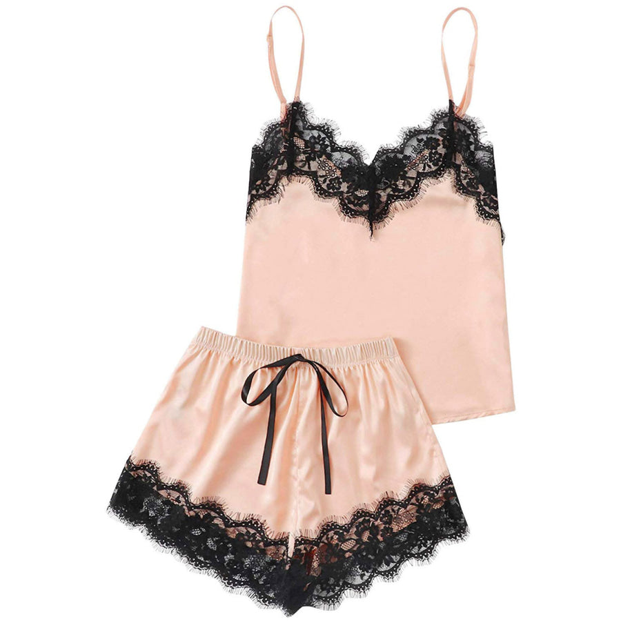 Lace Detail Spaghetti Strap Top and Shorts Lounge Set Apparel Accessories