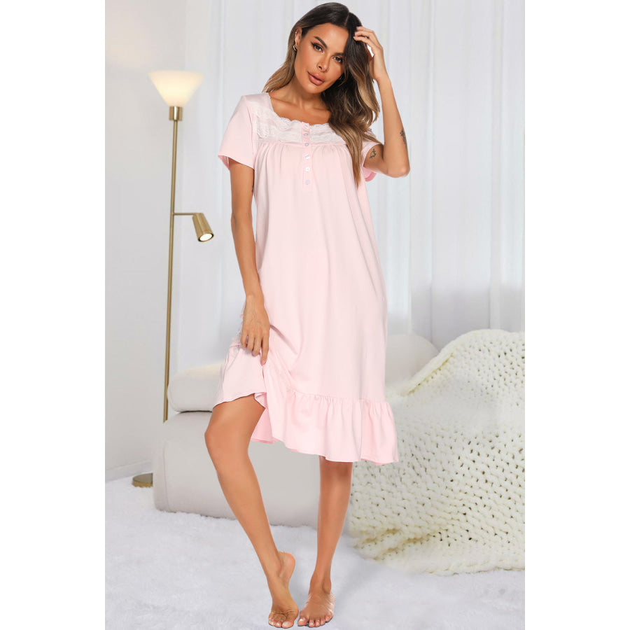 Lace Detail Square Neck Lounge Dress Blush Pink / S Apparel and Accessories