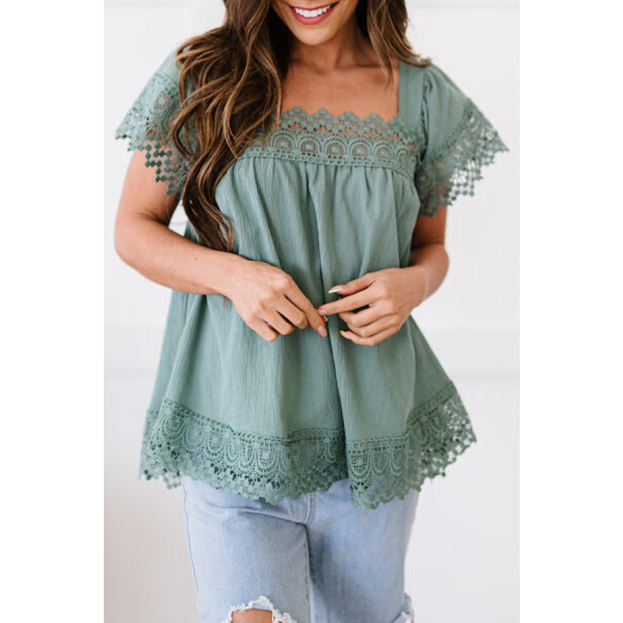 Lace Detail Square Neck Short Sleeve Blouse Air Force Blue / S Apparel and Accessories