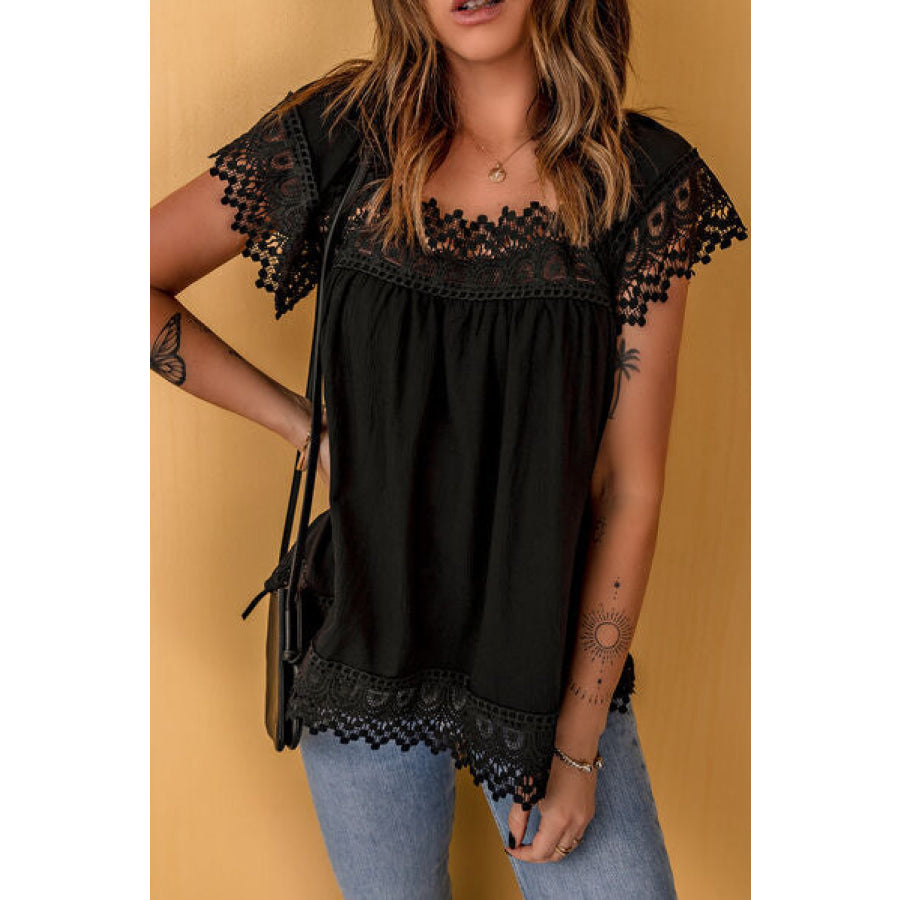 Lace Detail Square Neck Short Sleeve Blouse Apparel and Accessories