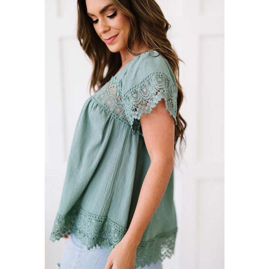 Lace Detail Square Neck Short Sleeve Blouse Apparel and Accessories